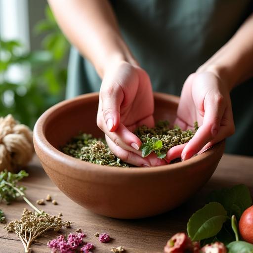 Mãos a misturar ingredientes botânicos numa tigela de cerâmica para criar um cosmético.
