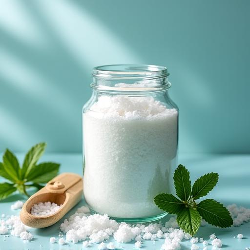 Frasco com sais de banho de eucalipto e menta.